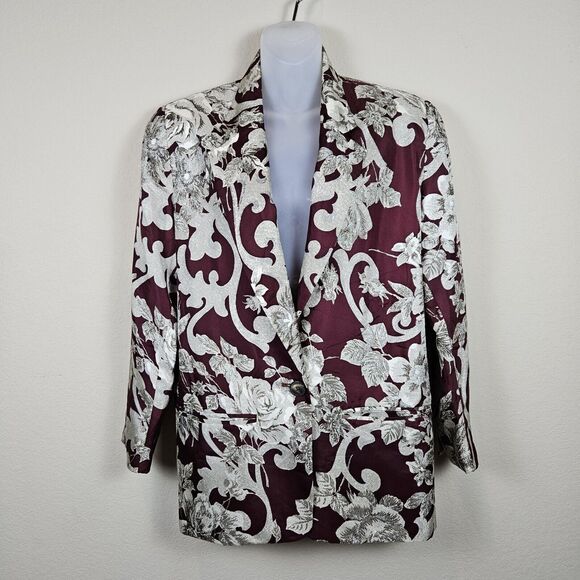 Vintage Washed Silk Blazer Women 2 Jacket Floral Elegant Formal Baroque Burgundy - Picture 14 of 14